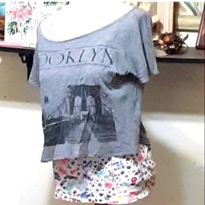 Womens Tshirt BROOKLYN with a tank top gray loose hang Crop half Tshirt